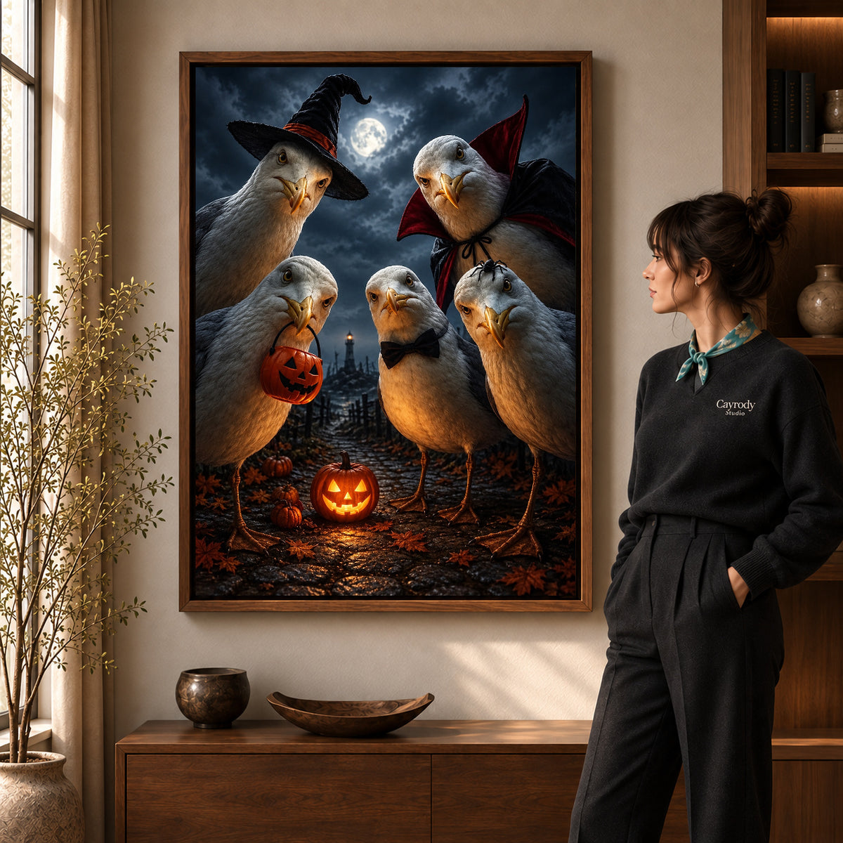 Walnut framed spooky seagull crew canvas art shown beside a standing woman and a wooden console.