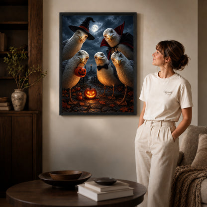 Black framed spooky seagull crew canvas art displayed beside a woman in a warm living room.