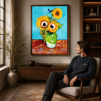 Googly Sunflowers canvas art above a wooden console beside a seated man in a warm room.