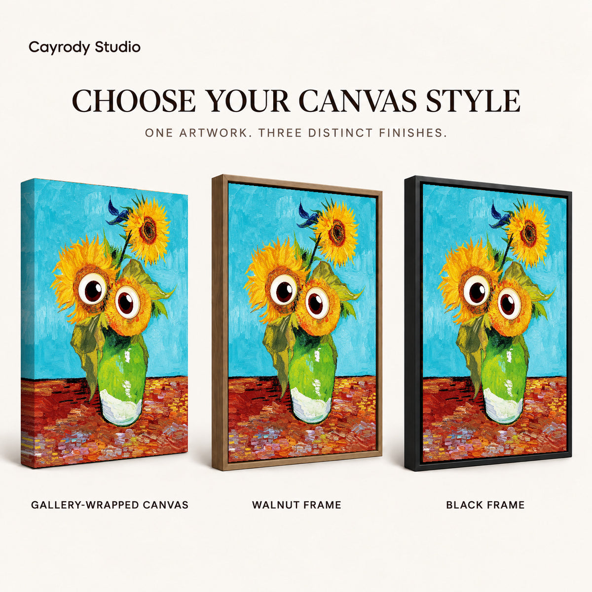 Googly Sunflowers canvas art comparing gallery wrapped canvas, walnut frame, and black frame finishes.