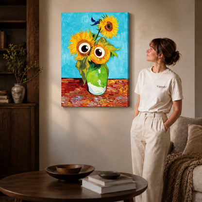 Gallery wrapped googly sunflowers canvas art with visible canvas edges beside a standing woman.