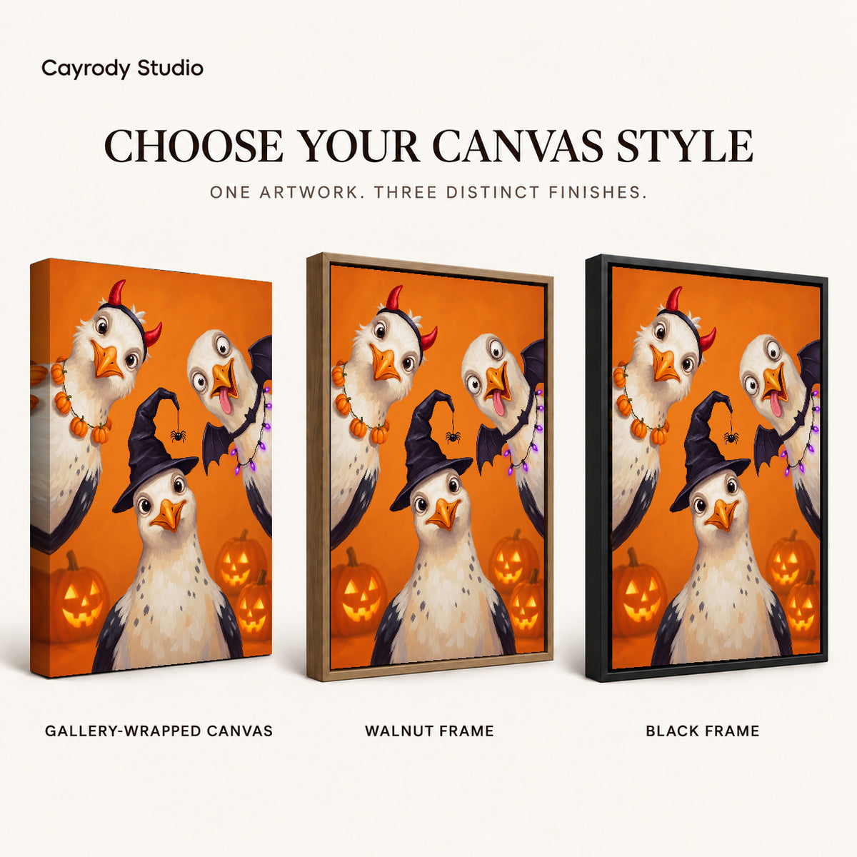 Halloween Bird Trio canvas art comparing gallery wrapped canvas, walnut frame, and black frame finishes.