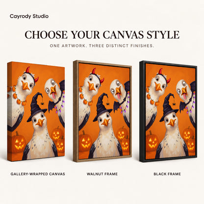 Halloween Bird Trio canvas art comparing gallery wrapped canvas, walnut frame, and black frame finishes.