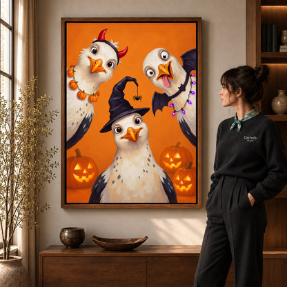 Walnut framed halloween bird trio canvas art shown beside a standing woman and a wooden console.