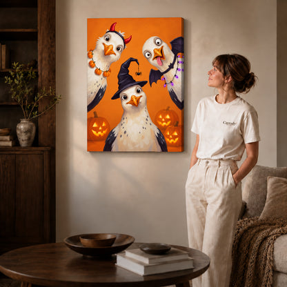 Gallery wrapped halloween bird trio canvas art with visible canvas edges beside a standing woman.