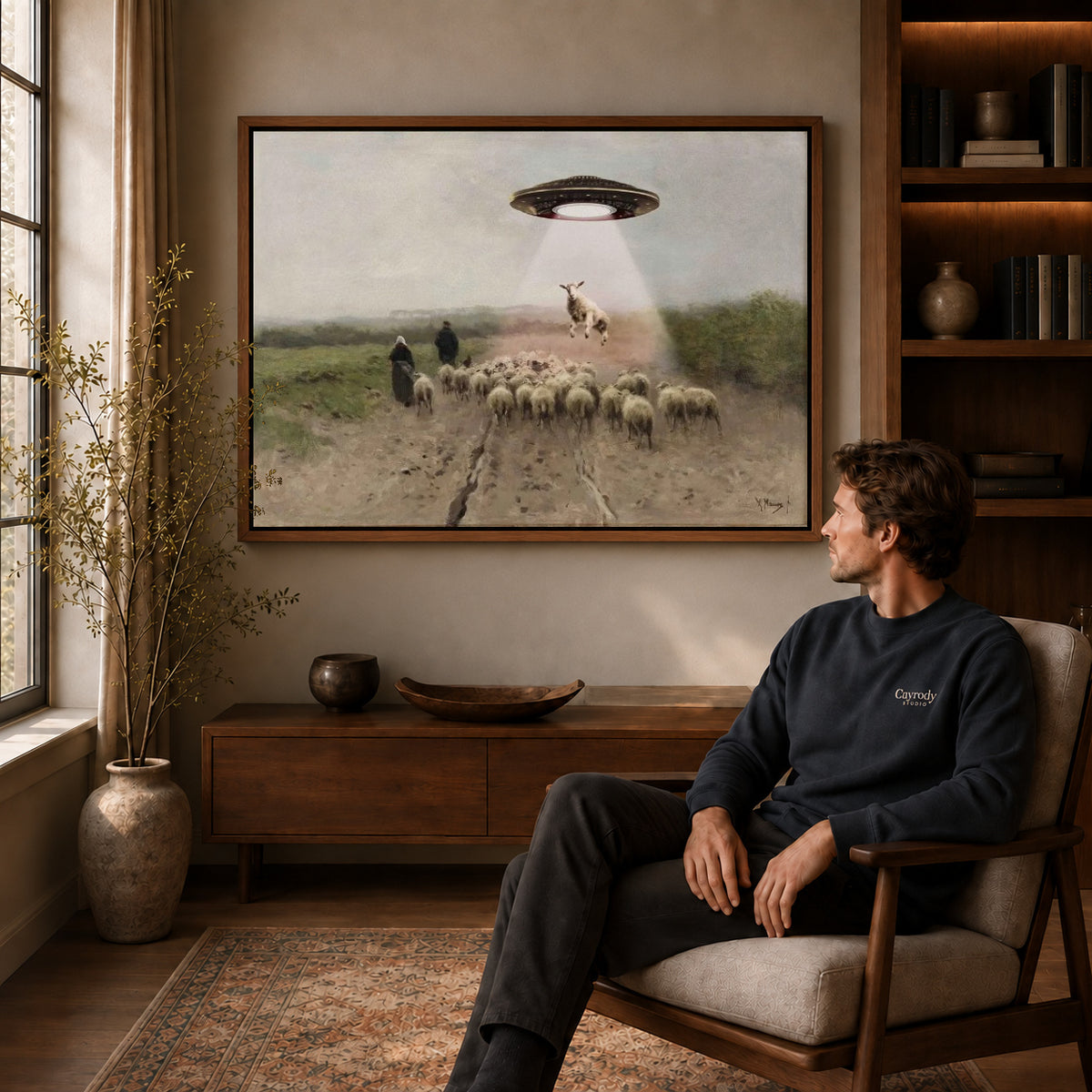 Alien Sheep Visit canvas art above a wooden console beside a seated man in a warm room.