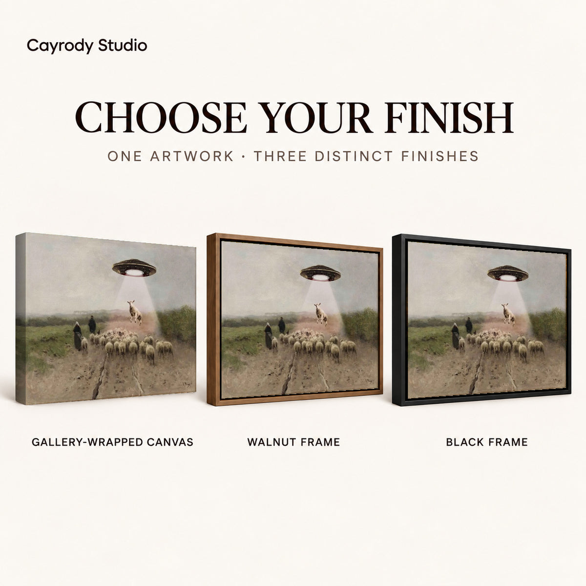 Alien Sheep Visit canvas art comparing gallery wrapped canvas, walnut frame, and black frame finishes.