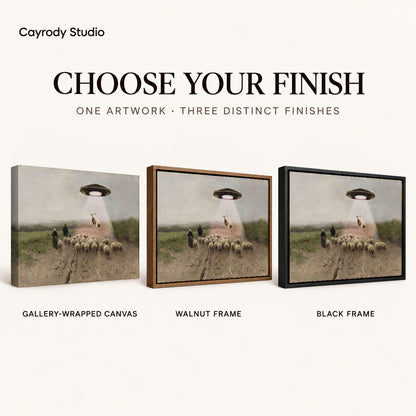 Alien Sheep Visit canvas art comparing gallery wrapped canvas, walnut frame, and black frame finishes.