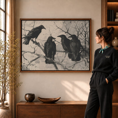 Four Ravens canvas art in a walnut frame beside a standing woman and wooden console.