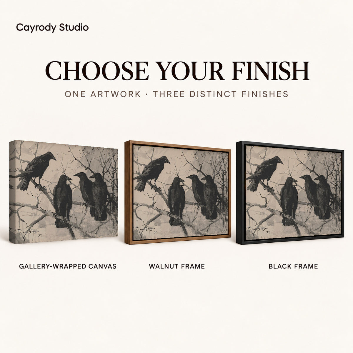 Four Ravens canvas art comparing gallery wrapped canvas, walnut frame, and black frame finishes.