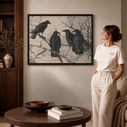 Black framed four ravens canvas art displayed beside a woman in a warm living room.
