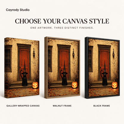 Porch Witch Cat canvas art comparing gallery wrapped canvas, walnut frame, and black frame finishes.