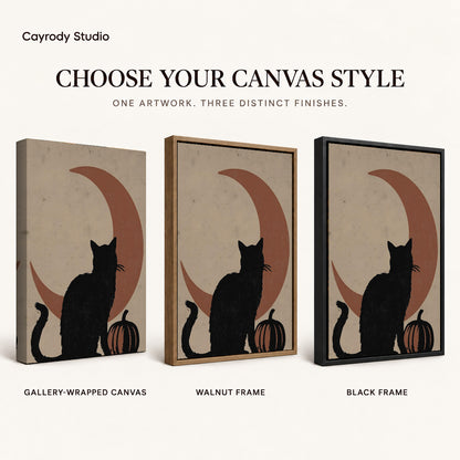 Black Cat Moon canvas art comparing gallery wrapped canvas, walnut frame, and black frame finishes.