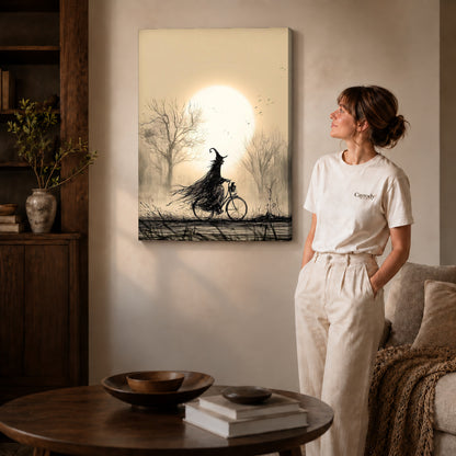 Cycling Witch canvas art displayed as gallery wrapped canvas beside a woman in natural light.