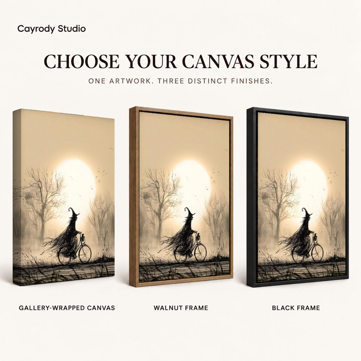 Cycling Witch canvas art comparing gallery wrapped canvas, walnut frame, and black frame finishes.
