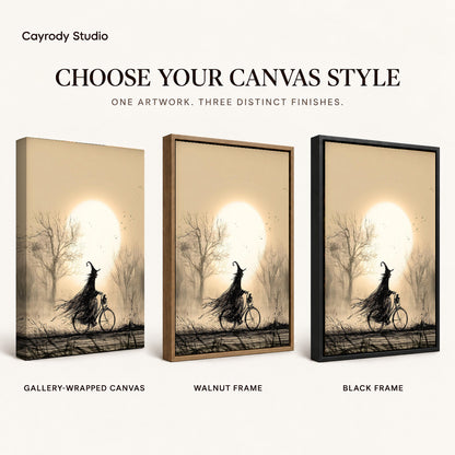 Cycling Witch canvas art comparing gallery wrapped canvas, walnut frame, and black frame finishes.