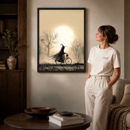 Black framed cycling witch canvas art displayed beside a woman in a warm living room.