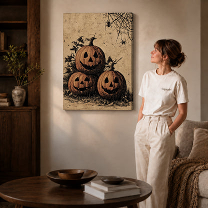 Pumpkin Face Trio canvas art displayed as gallery wrapped canvas beside a woman in natural light.