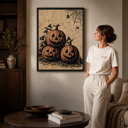 Pumpkin Face Trio canvas art in a black frame above books in a welcoming living room.