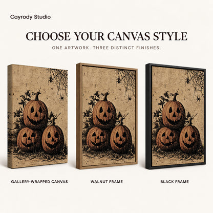 Pumpkin Face Trio canvas art comparing gallery wrapped canvas, walnut frame, and black frame finishes.