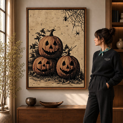 Walnut framed pumpkin face trio canvas art shown beside a standing woman and a wooden console.