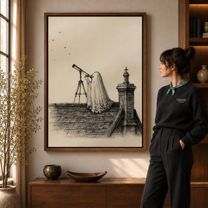 Stargazing Ghost canvas art in a walnut frame beside a standing woman and wooden console.