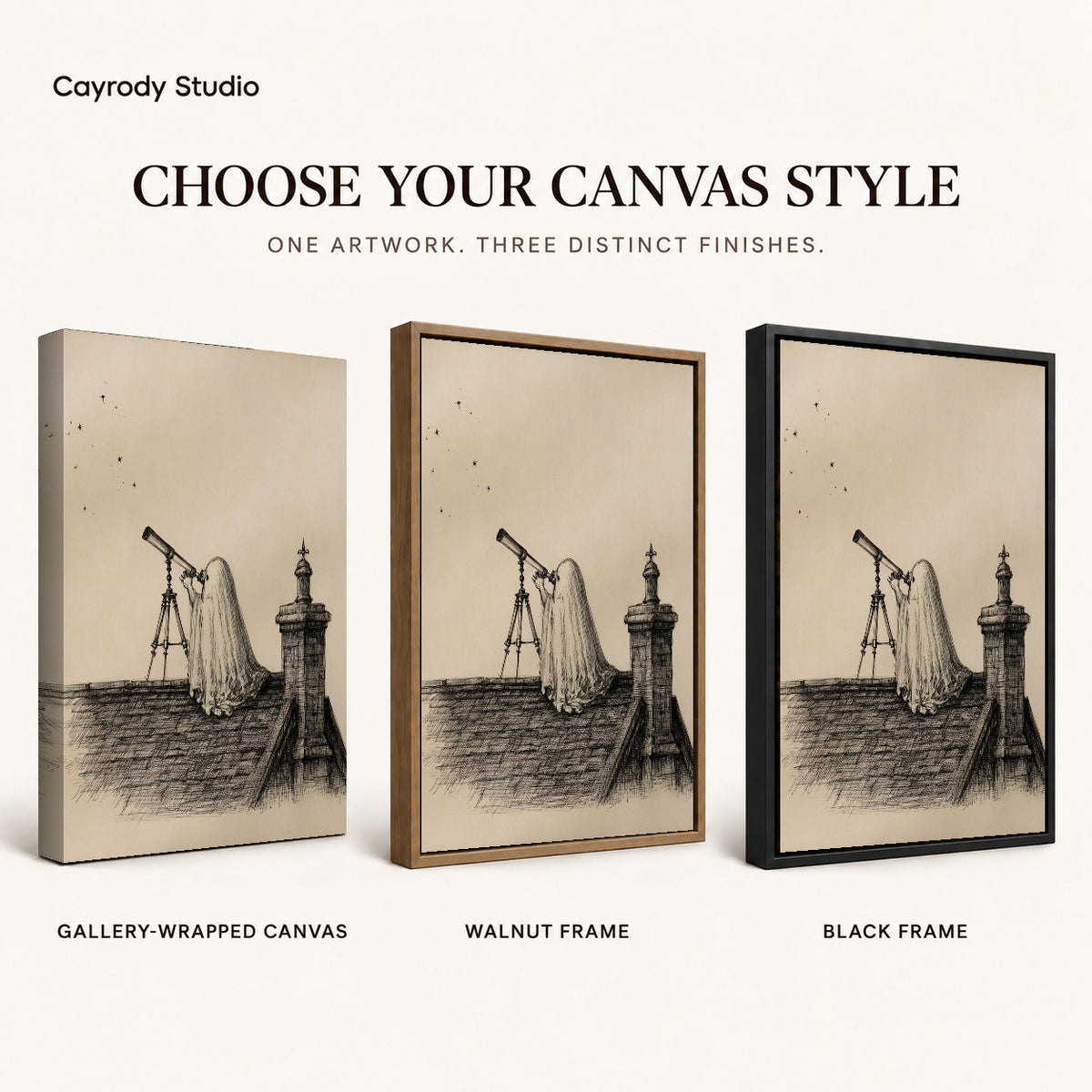 Stargazing Ghost canvas art comparing gallery wrapped canvas, walnut frame, and black frame finishes.