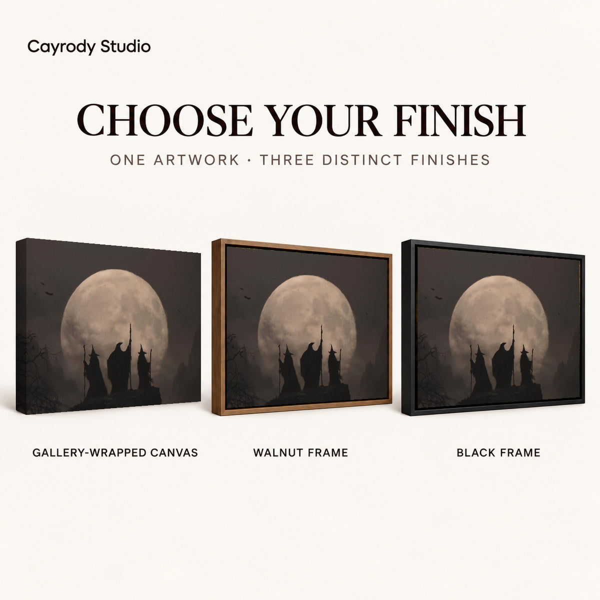 Moonlit Witches canvas art comparing gallery wrapped canvas, walnut frame, and black frame finishes.