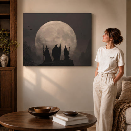 Gallery wrapped moonlit witches canvas art with visible canvas edges beside a standing woman.