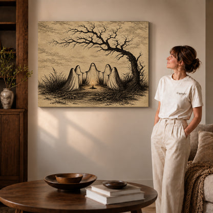 Candlelit Ghost Circle canvas art displayed as gallery wrapped canvas beside a woman in natural light.