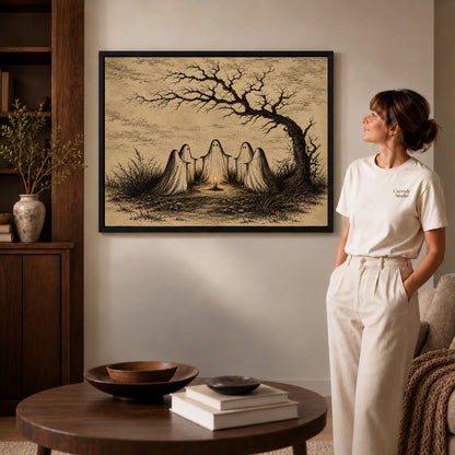Candlelit Ghost Circle canvas art in a black frame above books in a welcoming living room.