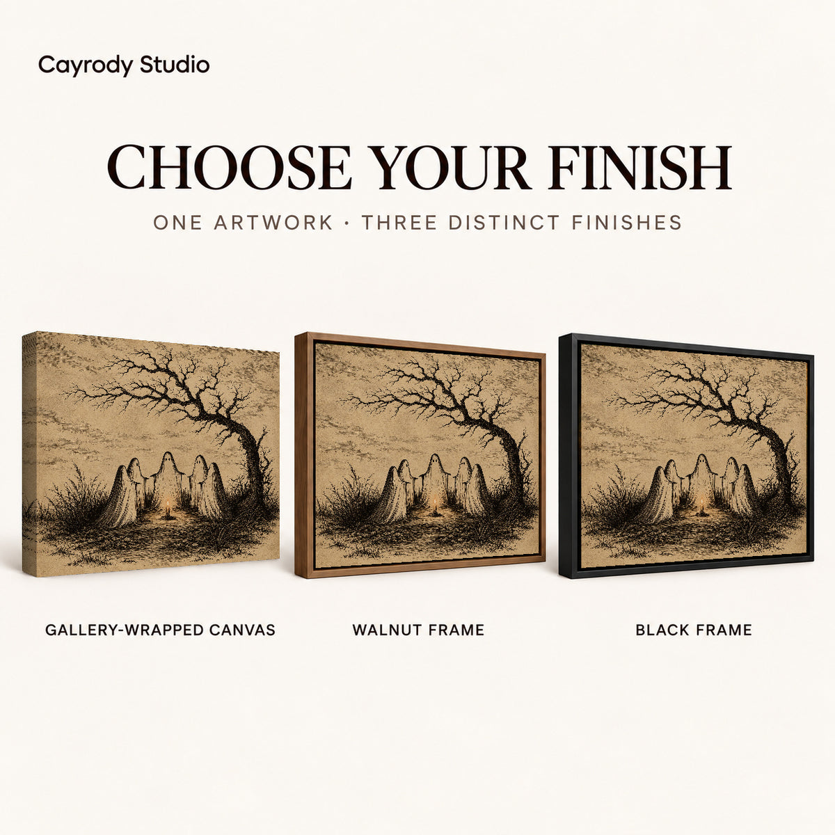 Candlelit Ghost Circle canvas art comparing gallery wrapped canvas, walnut frame, and black frame finishes.