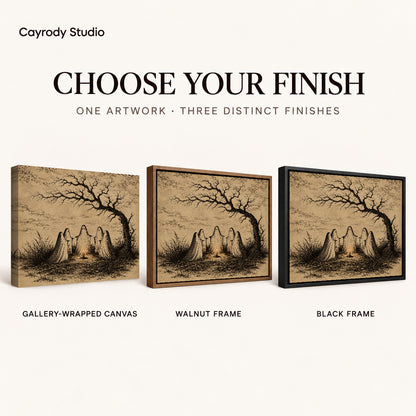 Candlelit Ghost Circle canvas art comparing gallery wrapped canvas, walnut frame, and black frame finishes.