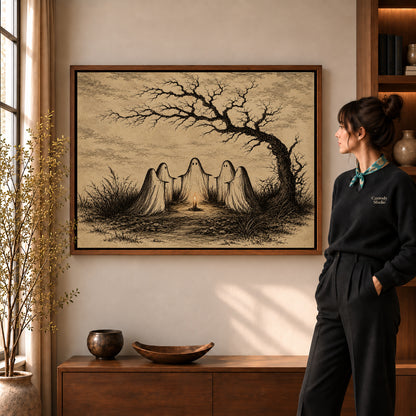 Walnut framed candlelit ghost circle canvas art shown beside a standing woman and a wooden console.