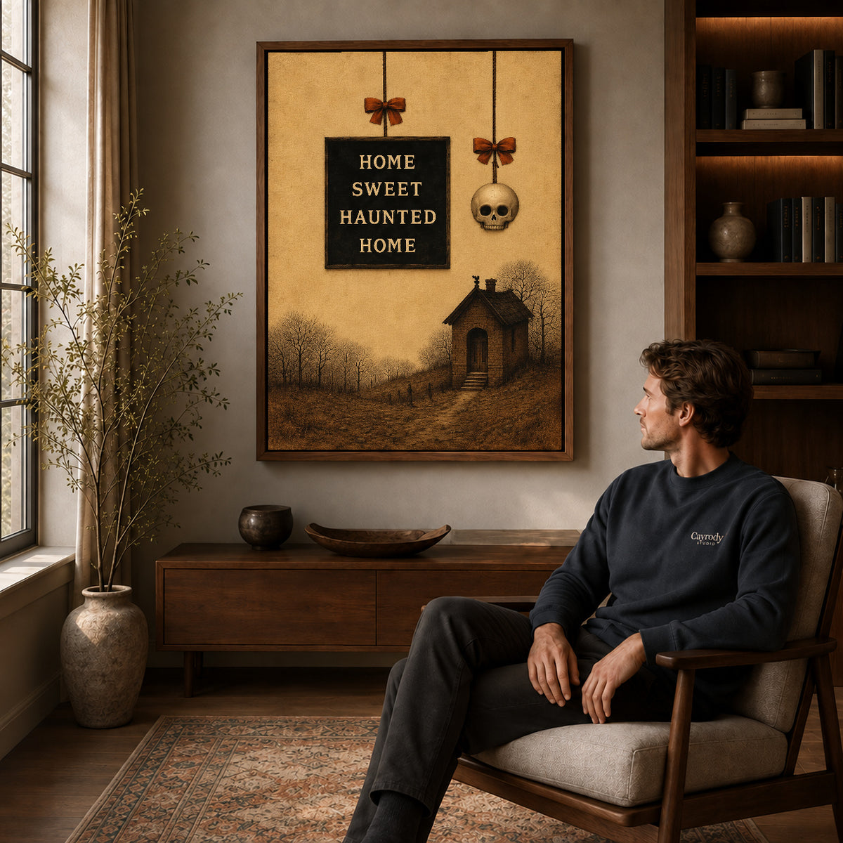 Haunted Home canvas art above a wooden console beside a seated man in a warm room.