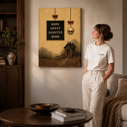 Haunted Home canvas art displayed as gallery wrapped canvas beside a woman in natural light.