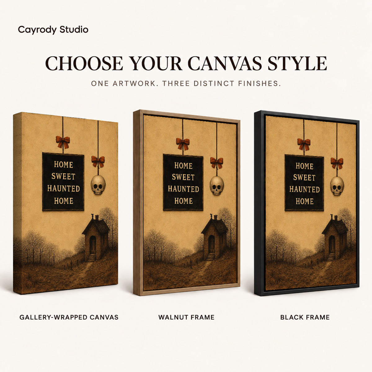 Haunted Home canvas art comparing gallery wrapped canvas, walnut frame, and black frame finishes.