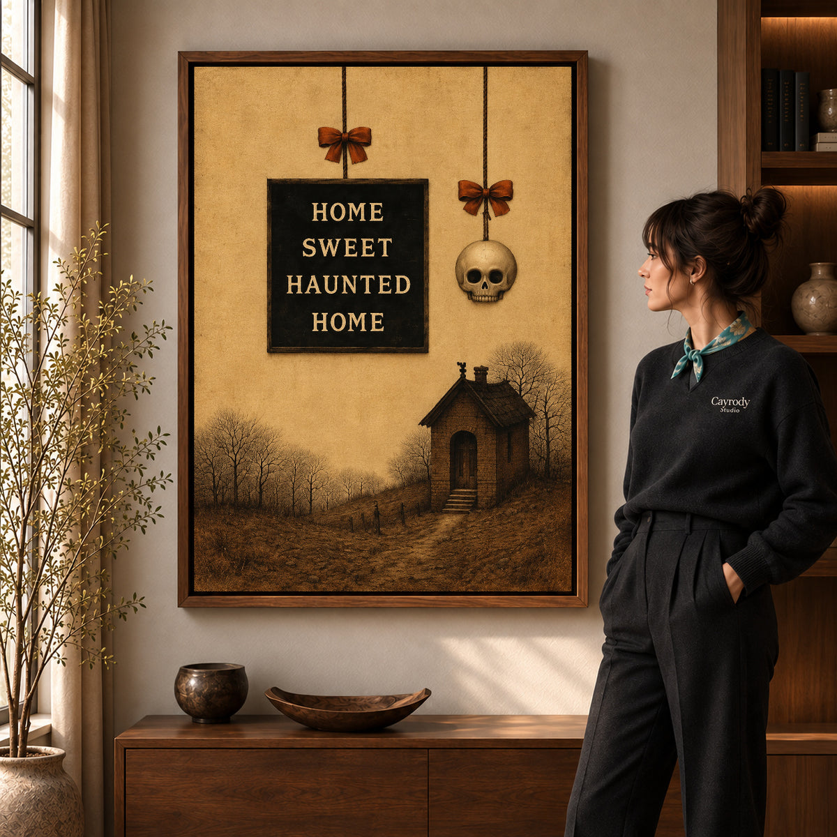 Walnut framed haunted home canvas art shown beside a standing woman and a wooden console.