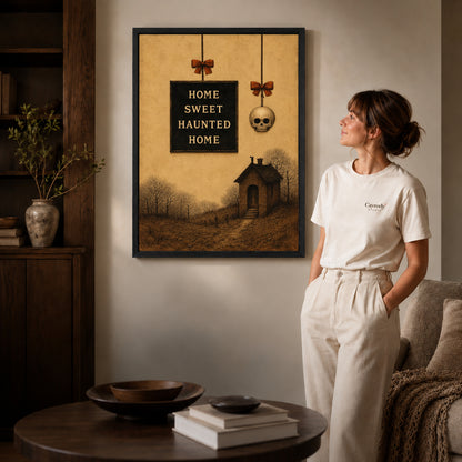 Black framed haunted home canvas art displayed beside a woman in a warm living room.
