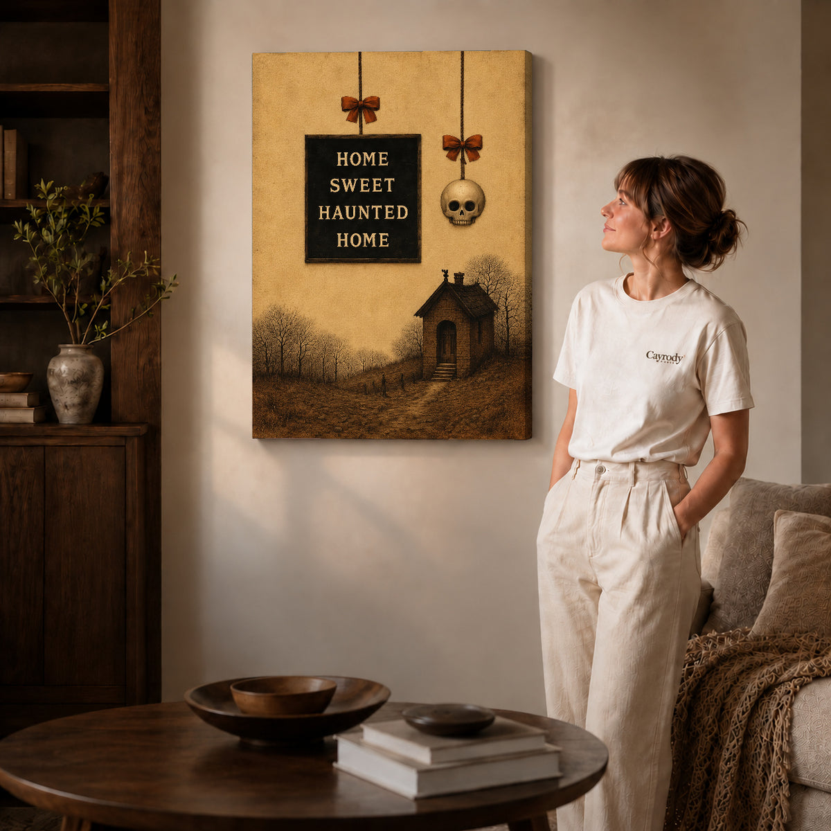Gallery wrapped haunted home canvas art with visible canvas edges beside a standing woman.