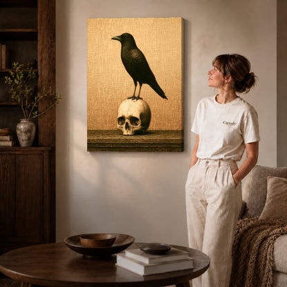 Raven And Skull canvas art displayed as gallery wrapped canvas beside a woman in natural light.