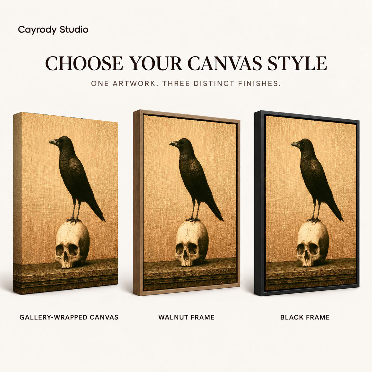 Raven And Skull canvas art comparing gallery wrapped canvas, walnut frame, and black frame finishes.