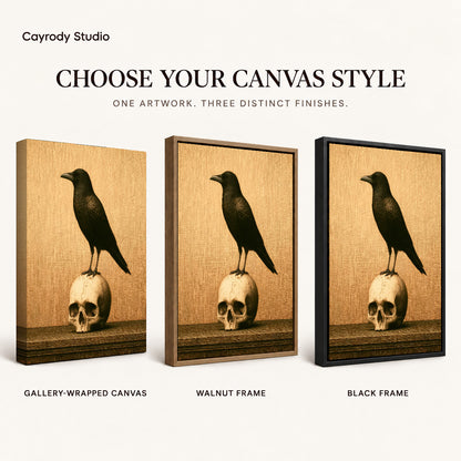 Raven And Skull canvas art comparing gallery wrapped canvas, walnut frame, and black frame finishes.