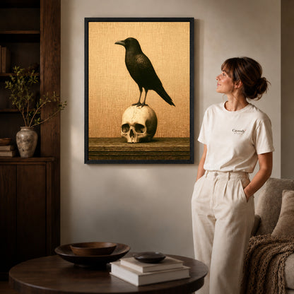 Black framed raven and skull canvas art displayed beside a woman in a warm living room.