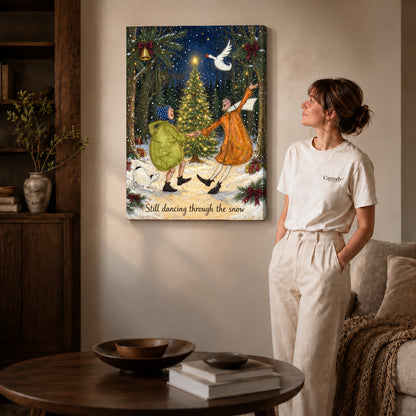 Snow Dance Couple canvas art displayed as gallery wrapped canvas beside a woman in natural light.