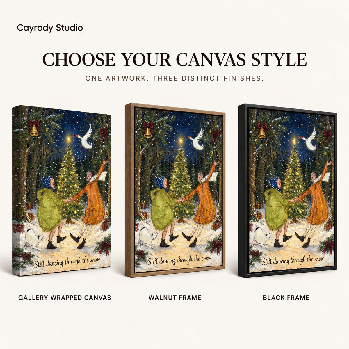 Snow Dance Couple canvas art comparing gallery wrapped canvas, walnut frame, and black frame finishes.