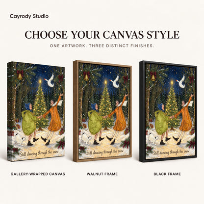 Snow Dance Couple canvas art comparing gallery wrapped canvas, walnut frame, and black frame finishes.