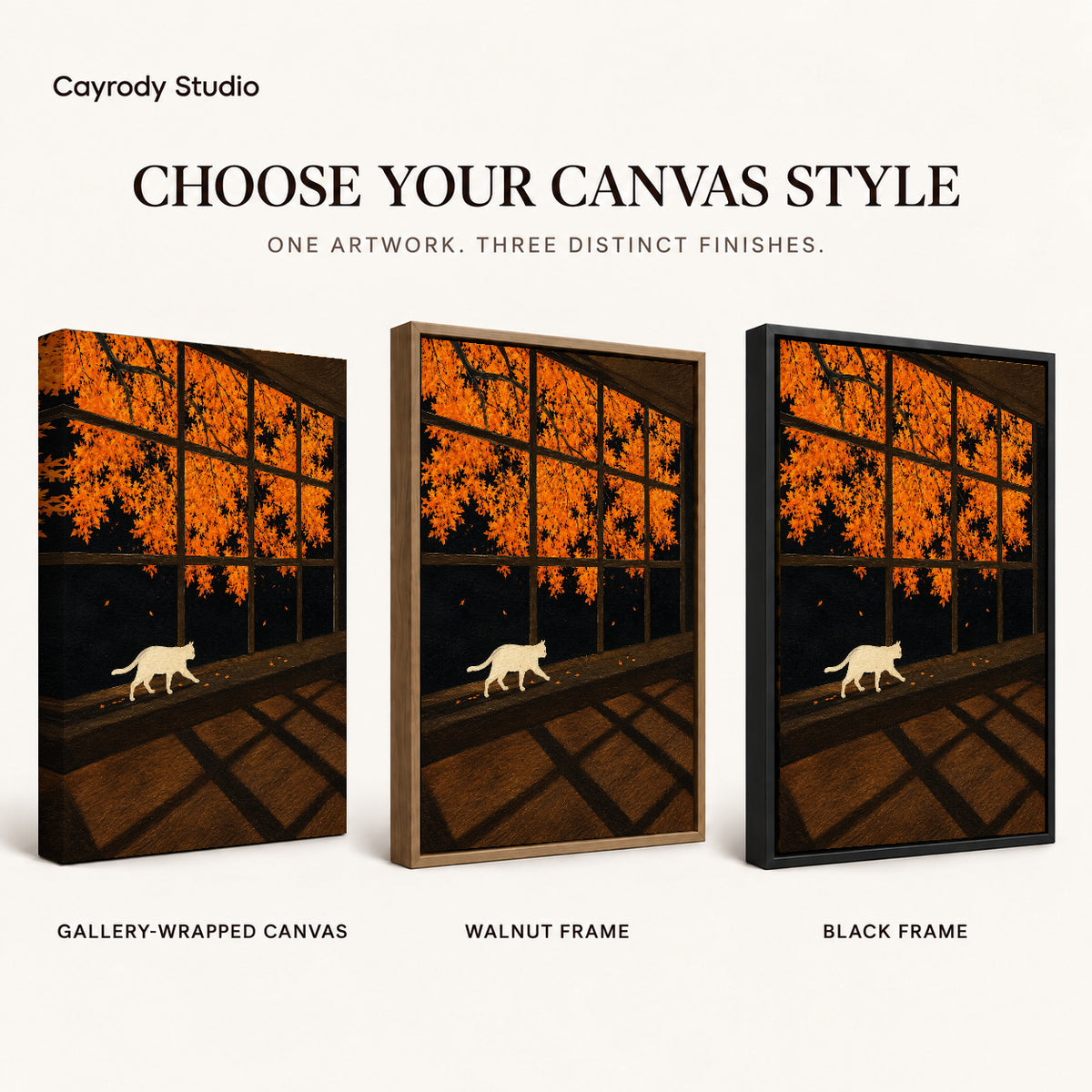 Autumn Window Cat canvas art comparing gallery wrapped canvas, walnut frame, and black frame finishes.