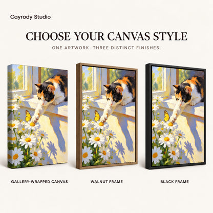 Butterfly Window Cat canvas art comparing gallery wrapped canvas, walnut frame, and black frame finishes.