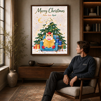 Christmas Reader canvas art above a wooden console beside a seated man in a warm room.